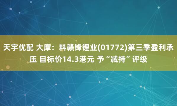 天宇优配 大摩：料赣锋锂业(01772)第三季盈利承压 目标价14.3港元 予“减持”评级